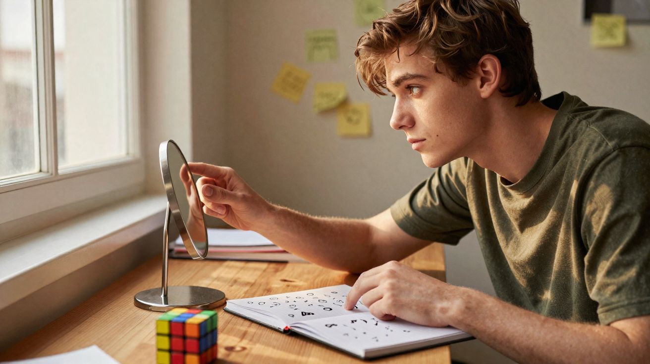 Joven concentrado mirando un espejo mientras estudia símbolos en un cuaderno junto a una ventana iluminada.