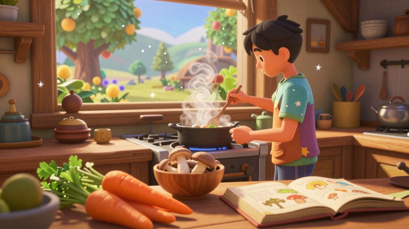 Persona joven cocinando en una cocina luminosa con ventana abierta al jardín y verduras frescas sobre la mesa.