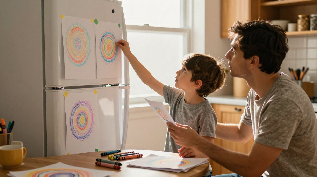 Niño y adulto colocan dibujos circulares pintados con ceras en la nevera en una cocina luminosa.