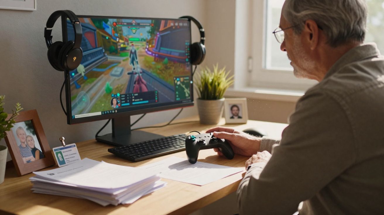 Hombre mayor juega a un videojuego en ordenador con mando y auriculares en un escritorio con fotos y plantas.