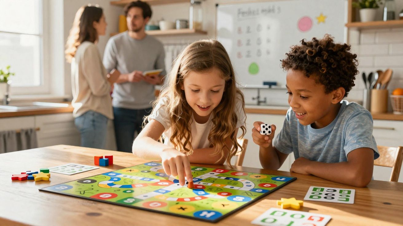 Niños jugando a un juego de mesa en una mesa, con dos adultos conversando al fondo en una cocina.
