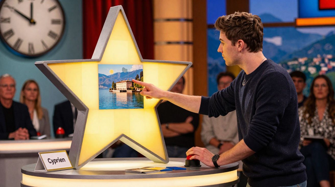 Hombre interactuando con estrella luminosa que muestra una imagen de un paisaje junto a un público atento.