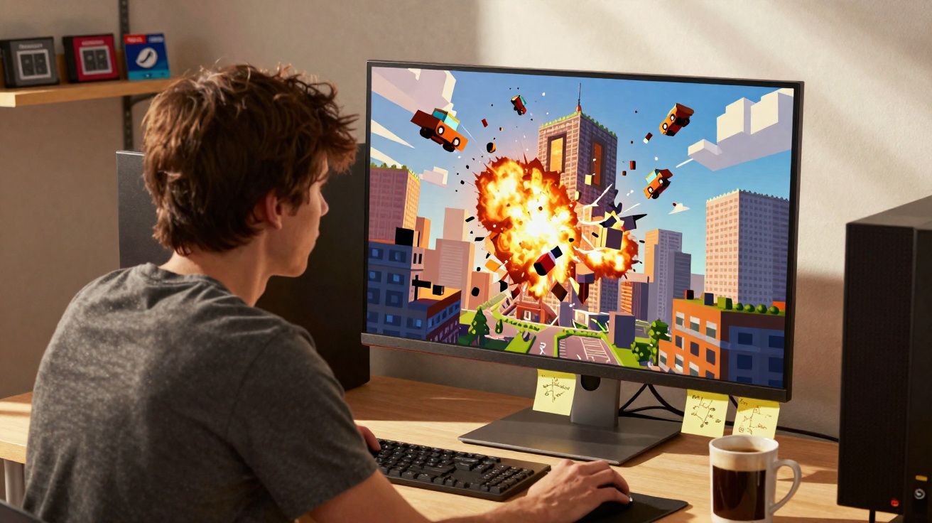 Joven juega en ordenador a un videojuego con explosiones en un entorno urbano pixelado.