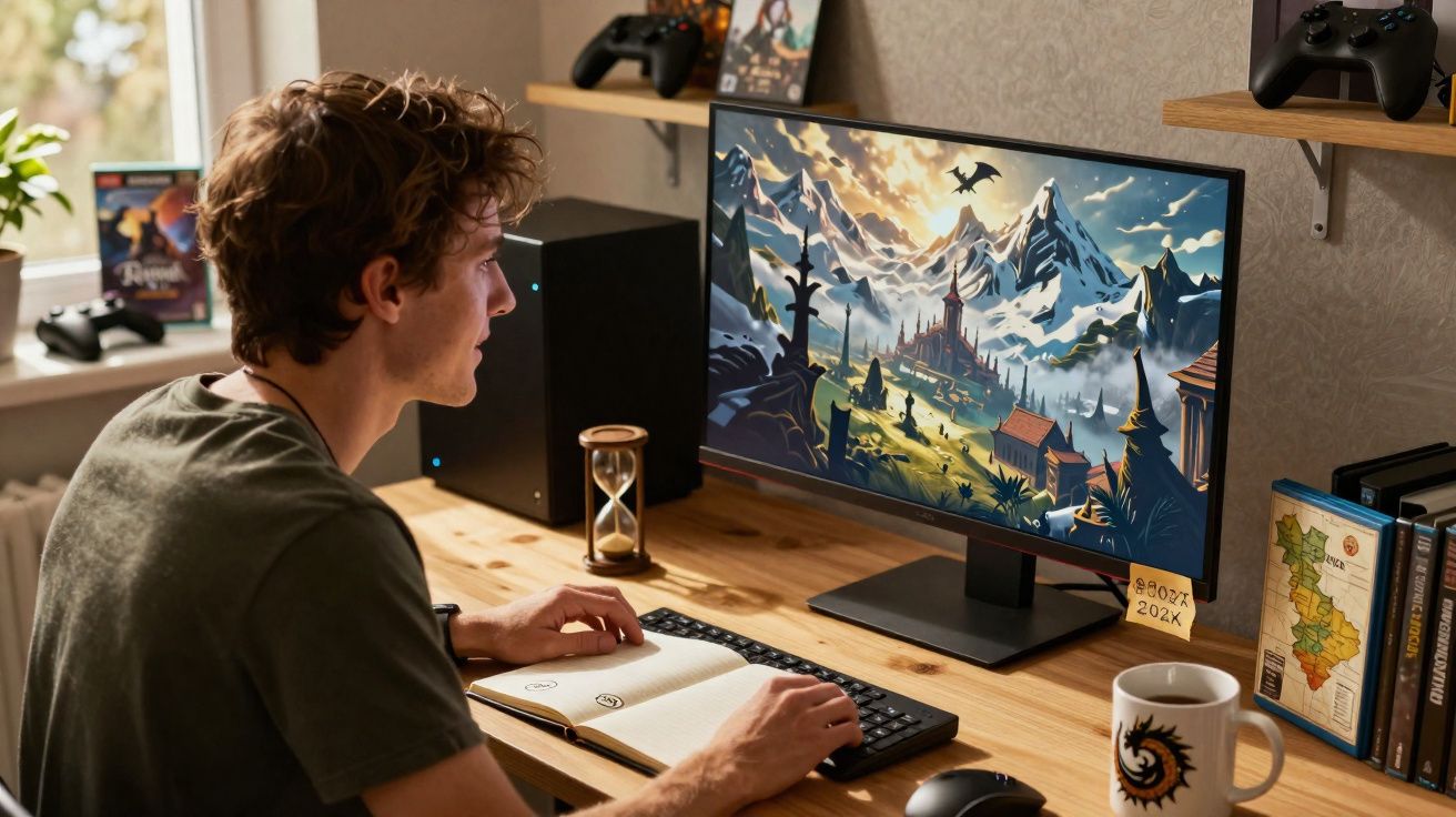 Joven jugando a un videojuego de fantasía en un ordenador con montaña y castillo en pantalla.