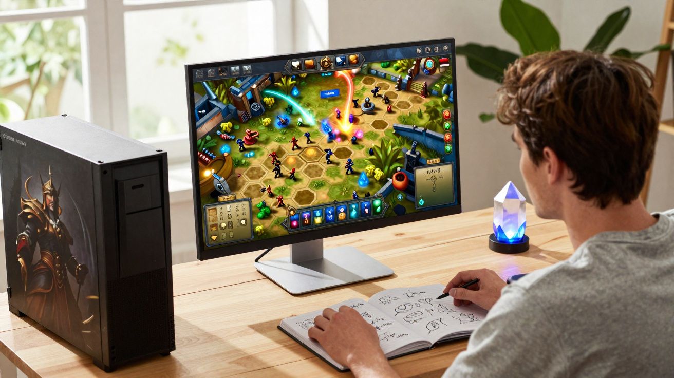 Hombre jugando a un videojuego de estrategia en un ordenador de sobremesa con cuaderno de notas al lado.
