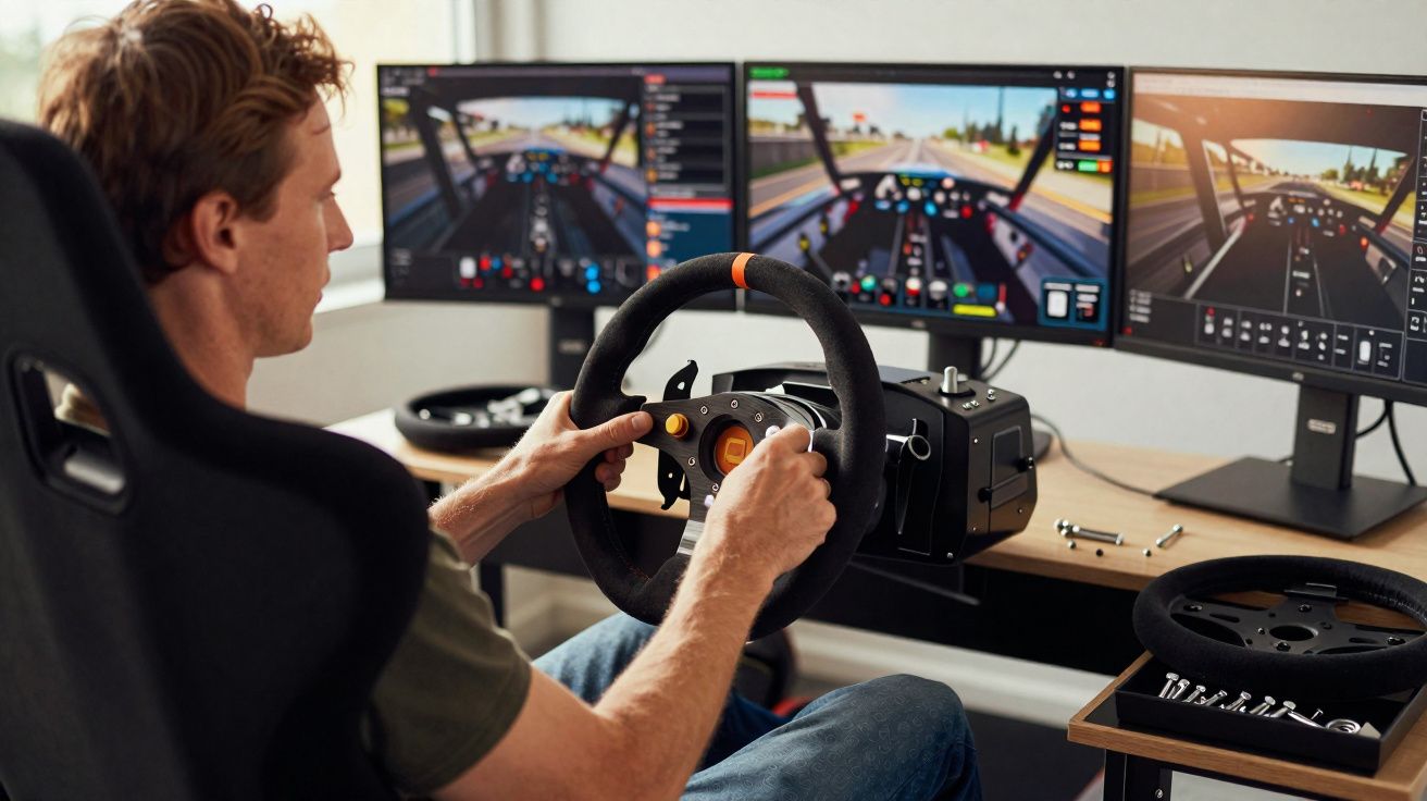 Hombre usando simulador de conducción con volante y tres pantallas mostrando un videojuego de carreras.