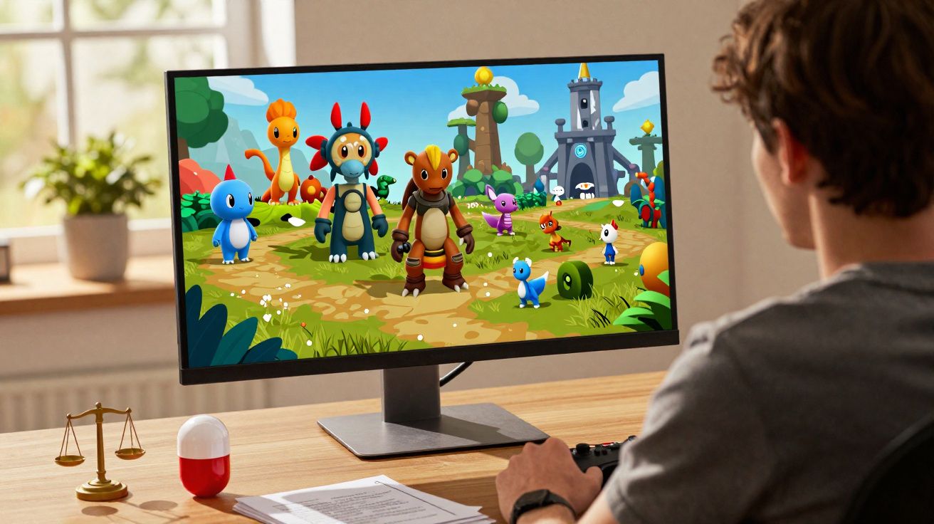 Persona jugando a videojuego de criaturas animadas coloridas en un monitor de ordenador.