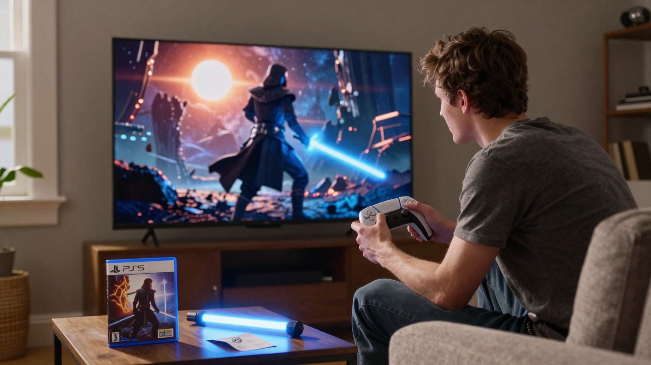 Persona juega a un videojuego de ciencia ficción con mando inalámbrico y luz tipo sable en una sala moderna.