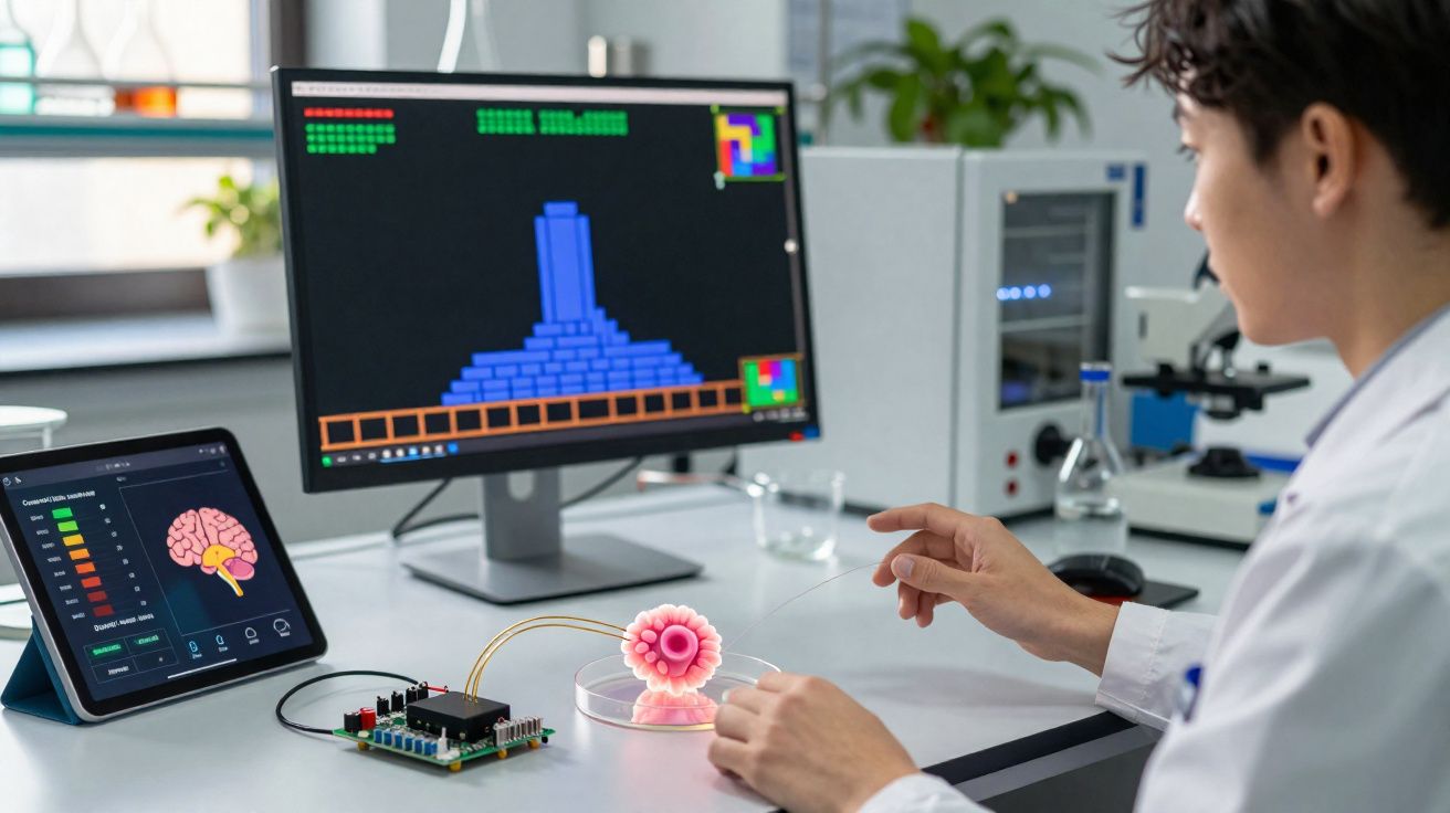 Investigador en laboratorio interactuando con modelo biológico y análisis digital en pantallas.