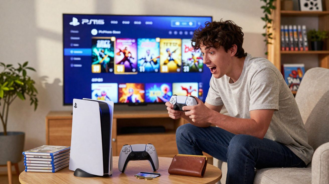 Joven emocionado jugando con mando de PlayStation 5 frente a televisor con juegos digitales y consola sobre mesa.