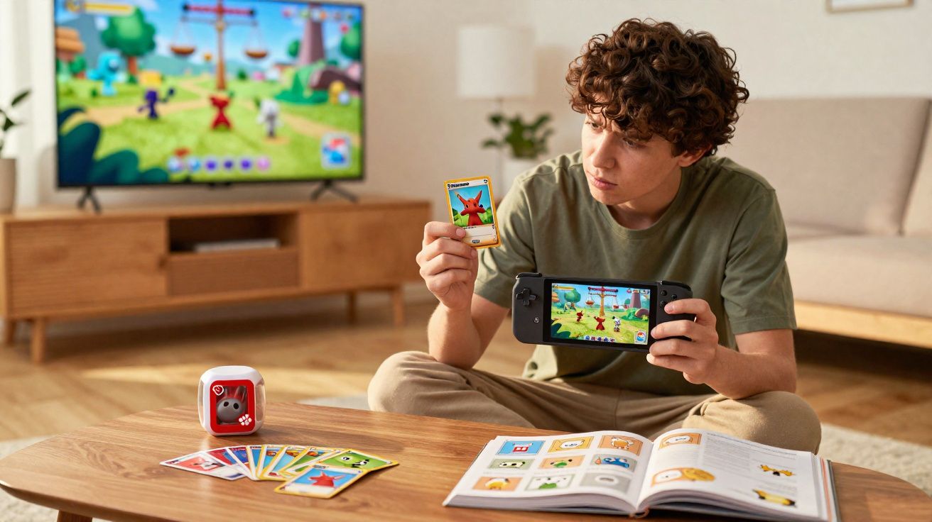 Joven sentado jugando a un videojuego con consola, cartas y libro de instrucciones en una sala de estar.