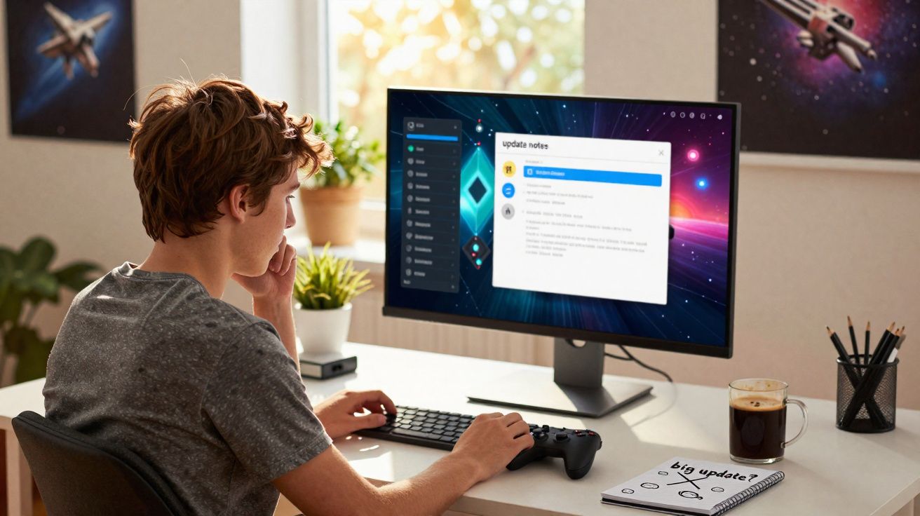 Joven concentrado usando ordenador con mando, notas de actualización en pantalla y cuaderno sobre escritorio.