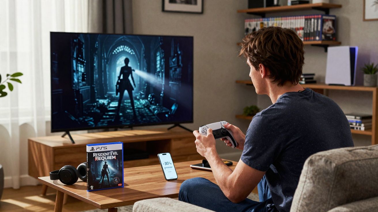 Hombre juega a Resident Evil Requiem en PS5 sentado en el salón frente al televisor con mando en mano.