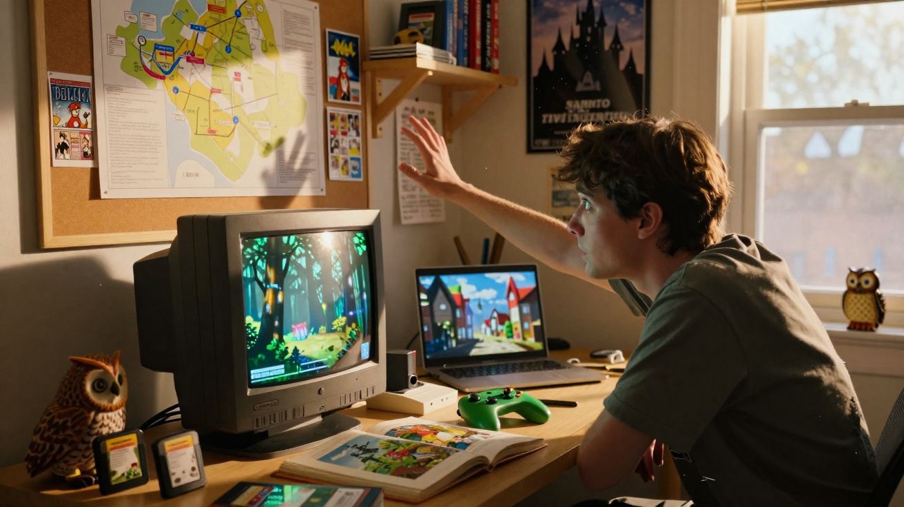 Joven interactuando con videojuego retro en pantalla CRT en escritorio con ordenador portátil y libros en habitación iluminad
