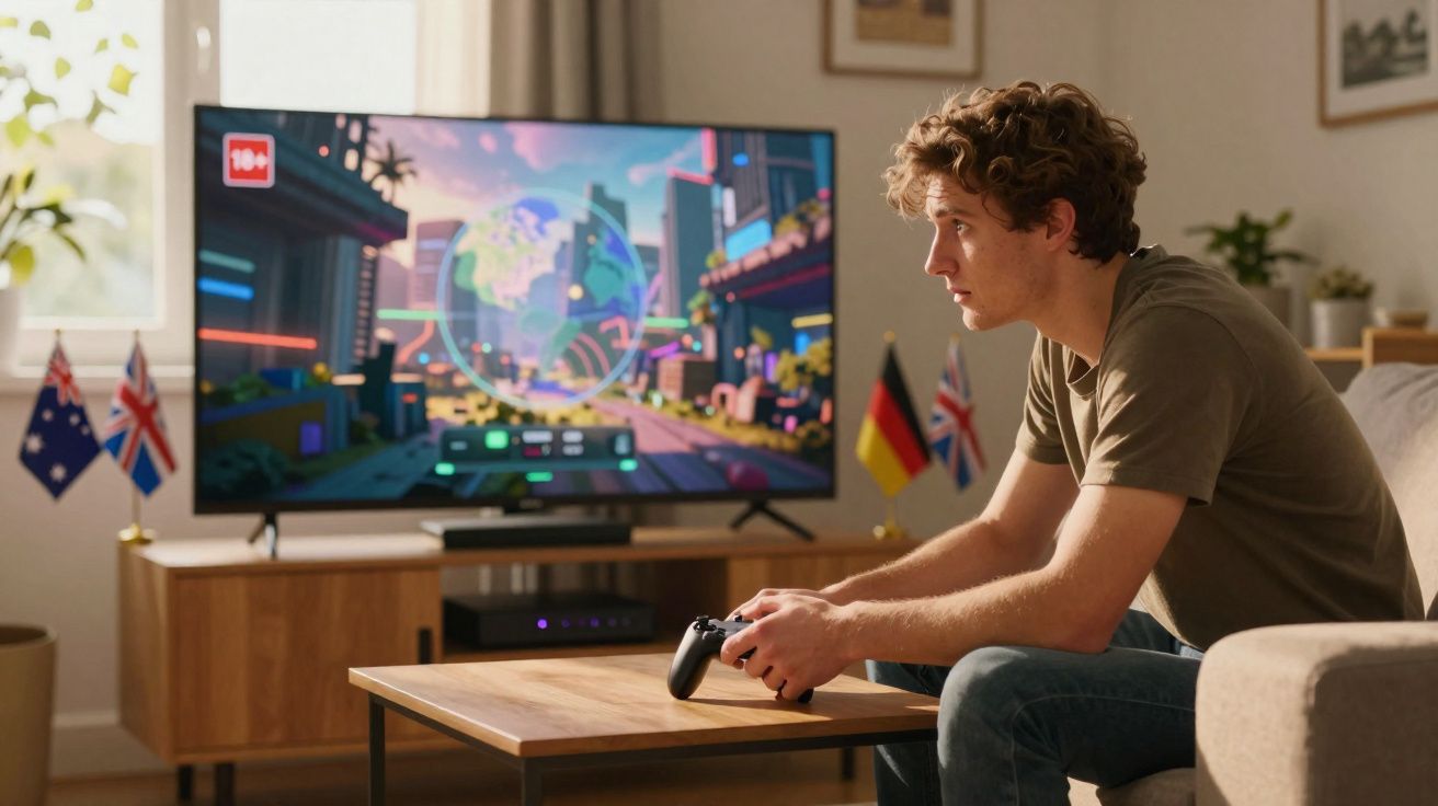 Joven sentado en un sofá jugando a videojuegos con mando frente a un televisor encendido en un salón.