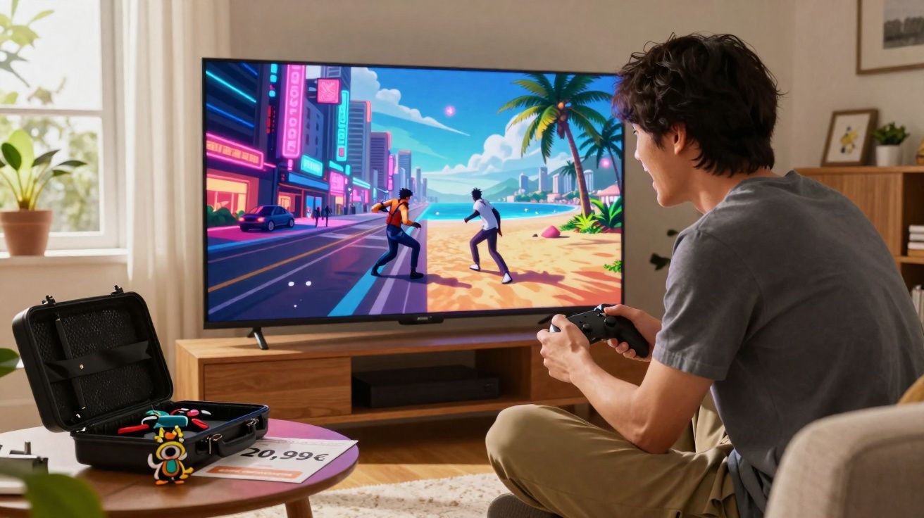 Joven jugando a un videojuego colorido en televisión en una sala de estar luminosa.