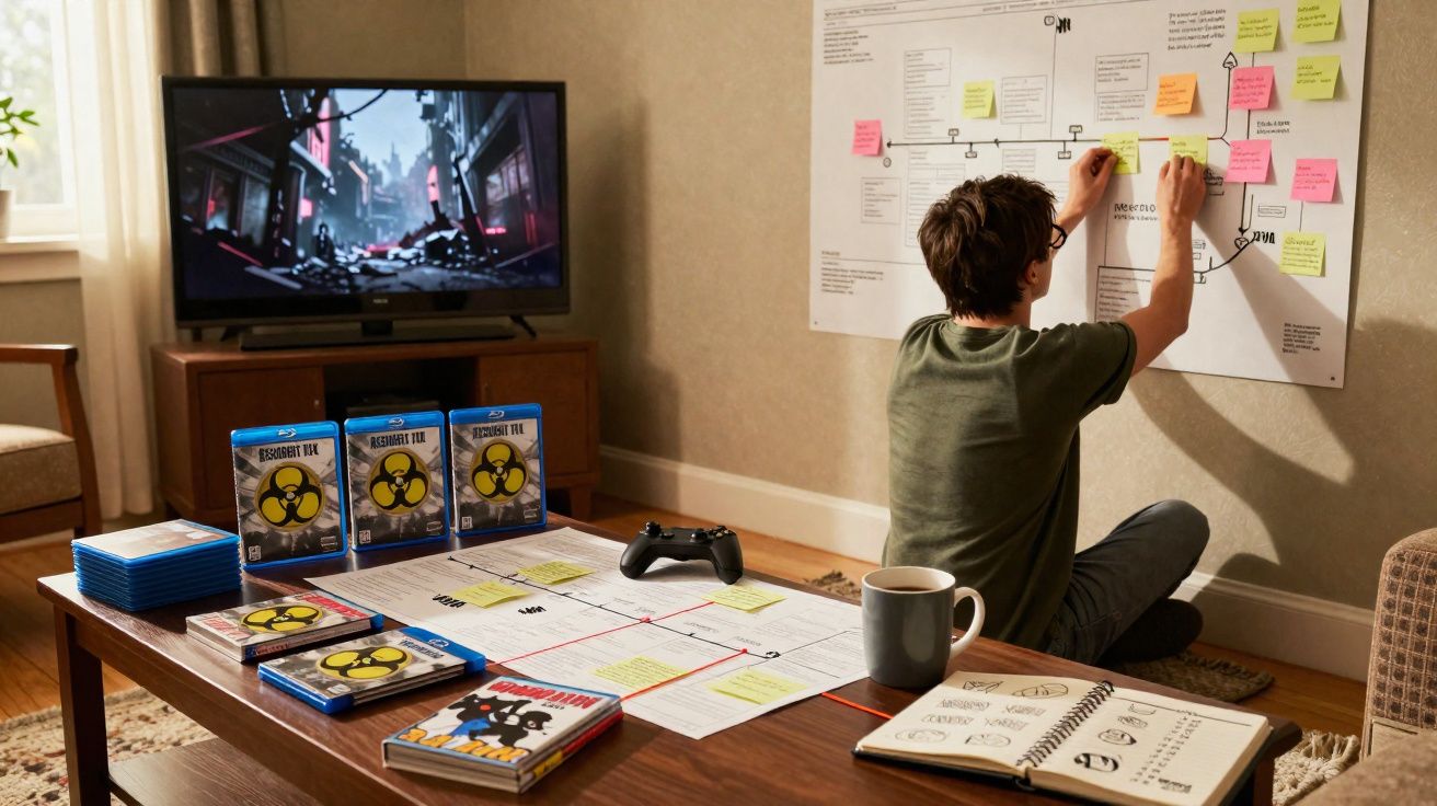 Persona sentada en el suelo organiza notas adhesivas en un tablero, con videojuegos y agenda sobre mesa delante.