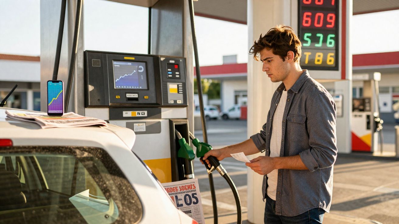 Hombre joven repostando gasolina en una estación de servicio con su recibo en la mano y un móvil apoyado con gráficos.