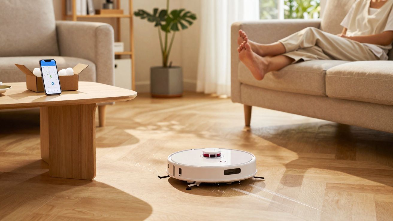 Robot aspirador limpiando suelo de madera en salón con persona descansando en sofá y móvil en mesa.