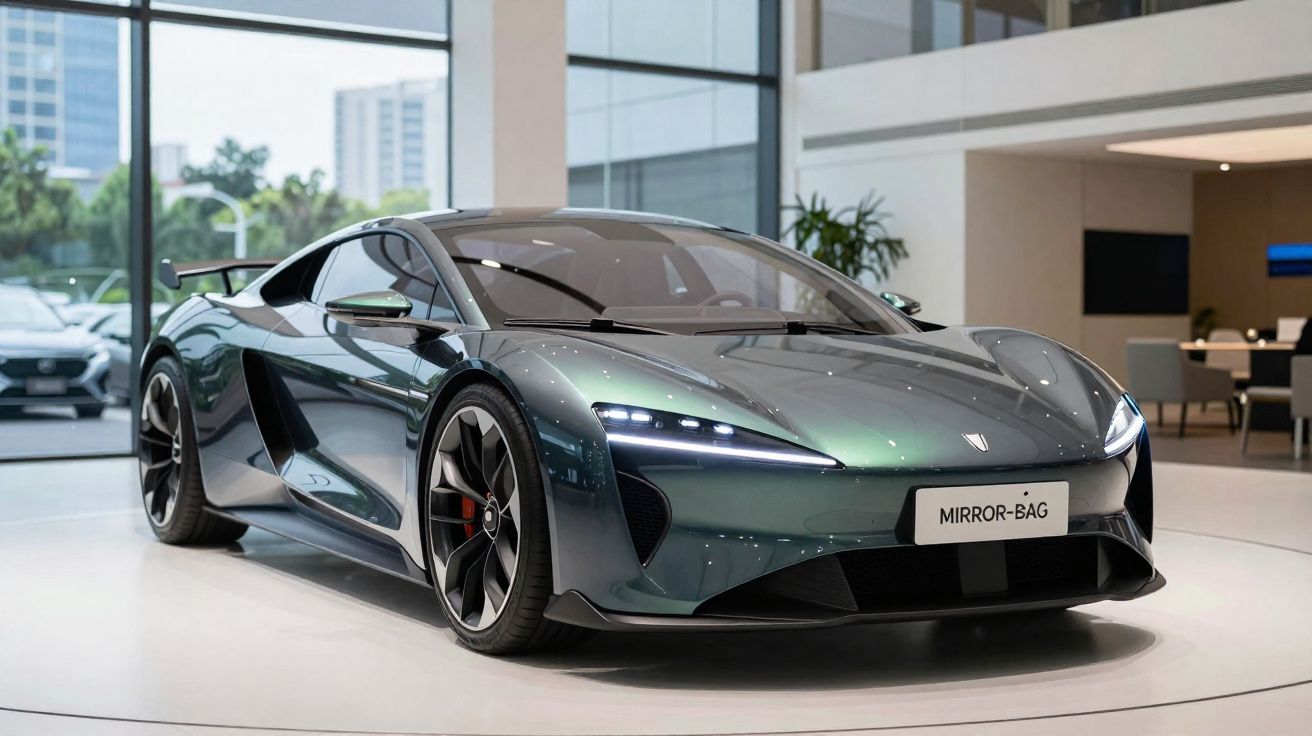 Coche deportivo moderno de color verde oscuro con diseño aerodinámico en showroom iluminado.