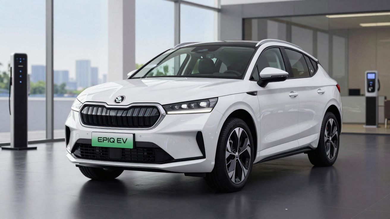 Coche eléctrico Škoda EPIQ EV blanco en exposición interior moderna con estaciones de carga al fondo.