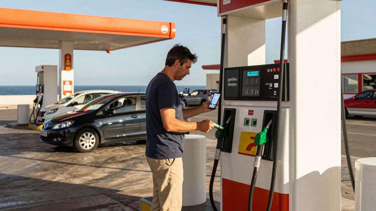 Hombre cargando gasolina en una estación de servicio junto a varios coches bajo cielo despejado.