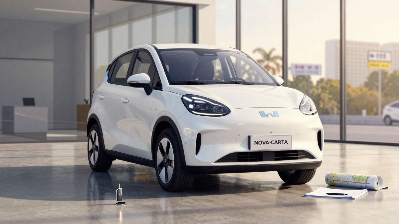 Coche eléctrico blanco con matrícula Nova-Carta en un showroom, junto a llaves y planos sobre el suelo.