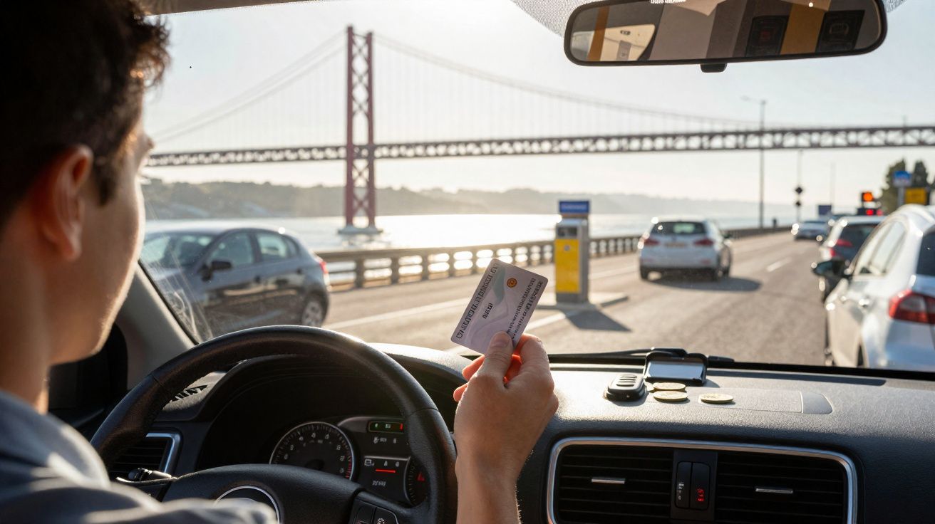 Conductor mostrando un ticket de peaje dentro de un coche, con puente y varios vehículos en el exterior.