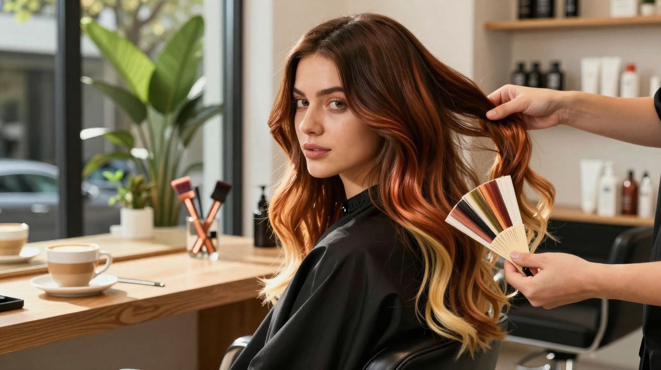 Mujer con melena larga bicolor en peluquería, un estilista sostiene su cabello y una carta de tonos de color.