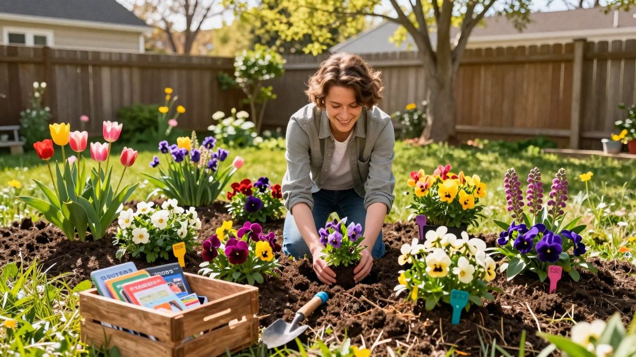 Mujer plantando flores de colores en un jardín soleado con caja de semillas y herramienta de jardinería.