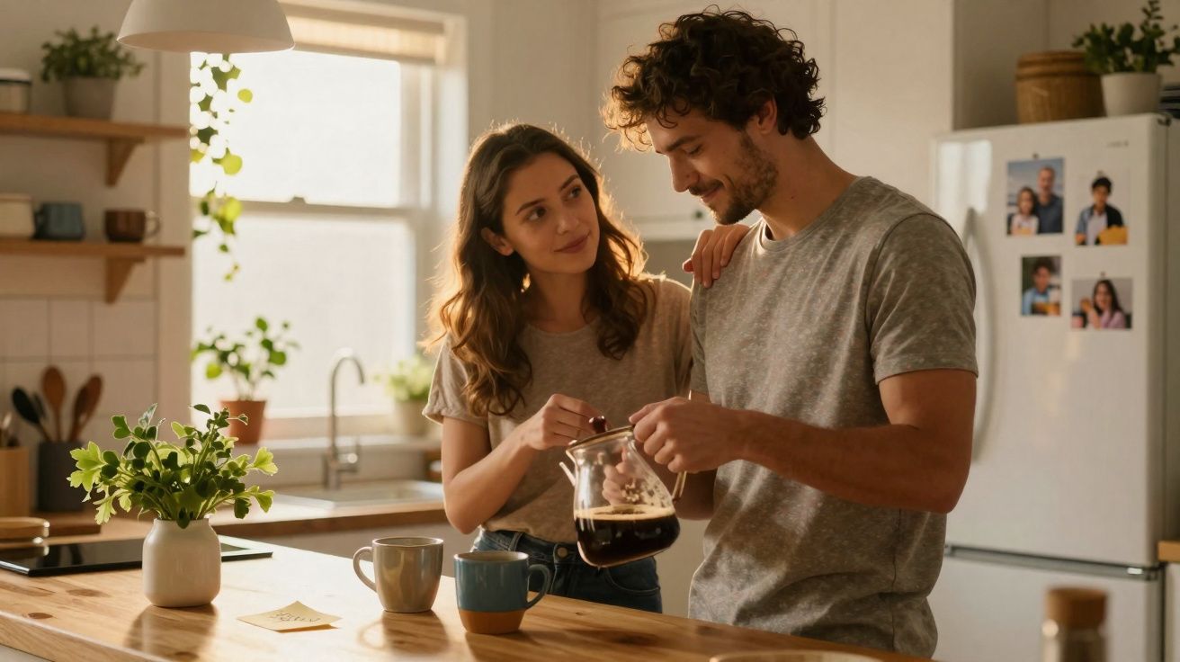 Pareja joven preparando café juntos en una cocina luminosa y acogedora con plantas y fotos familiares.