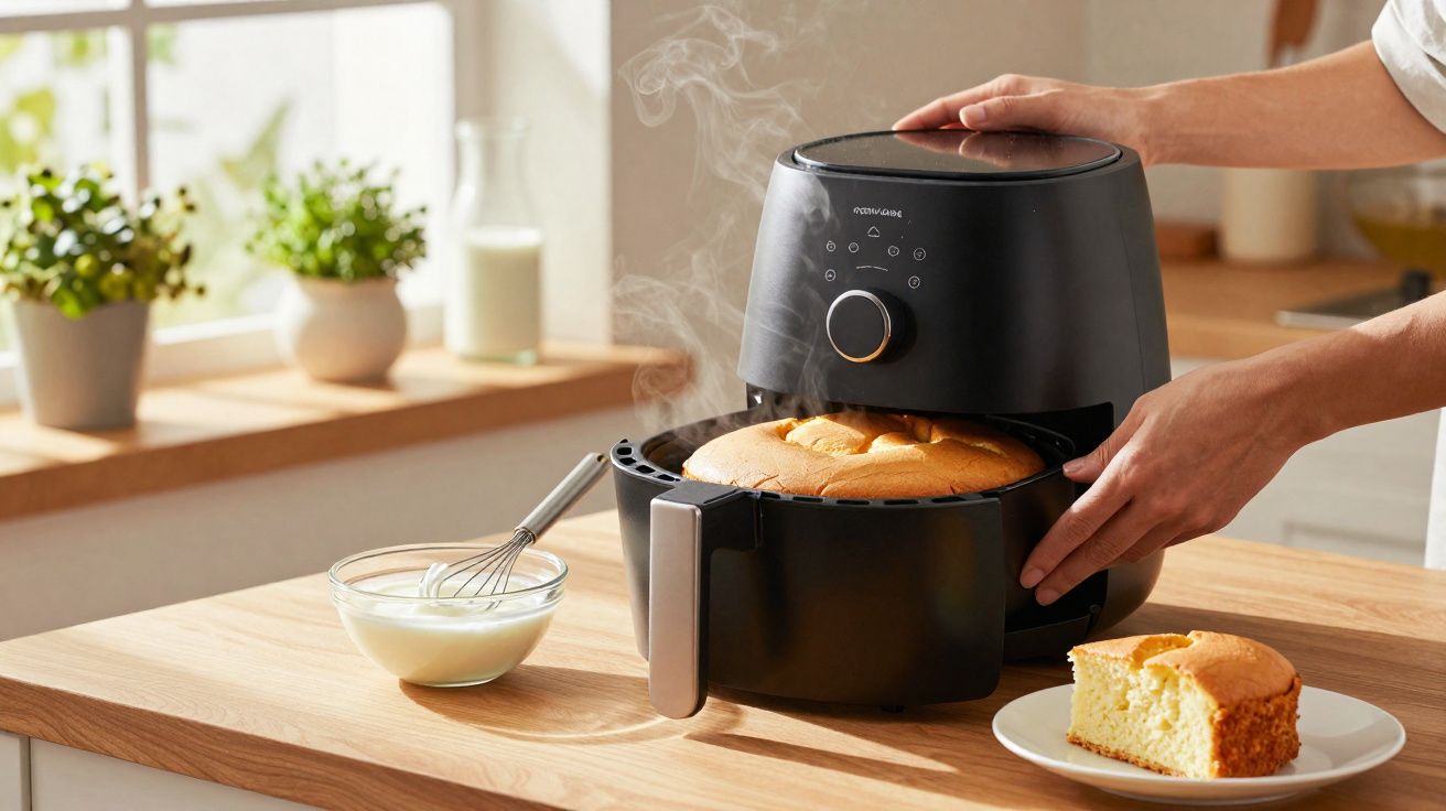 Persona sacando un bizcocho recién horneado de una freidora de aire negra en una cocina luminosa.