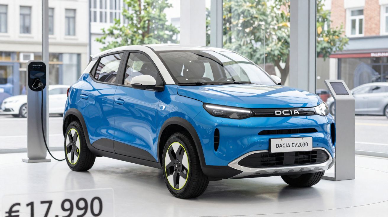 Coche eléctrico azul Dacia EV2030 en exposición, conectado a un punto de carga en un showroom moderno.