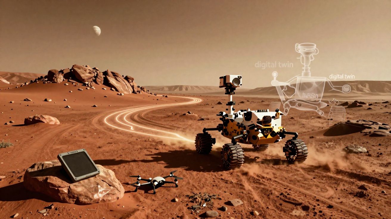 Rover explorador en superficie marciana con dron y tableta sobre roca, paisaje árido y horizonte montañoso.