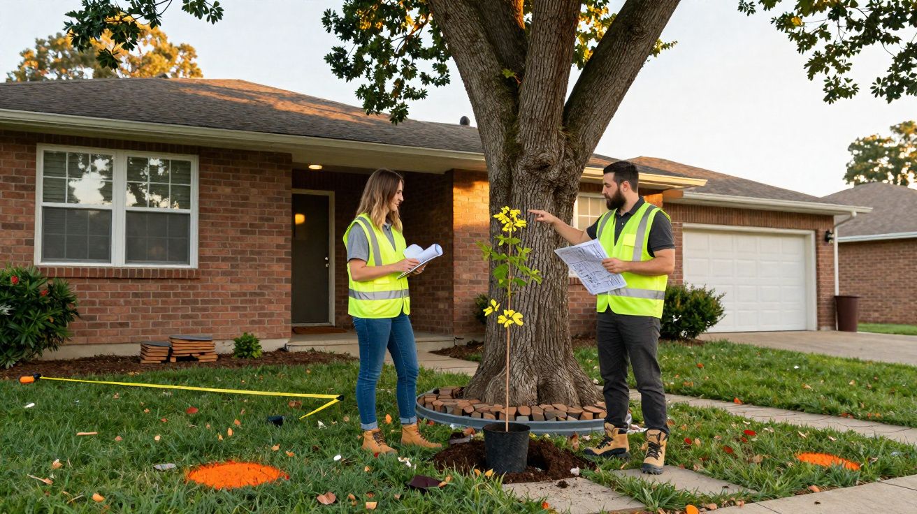 Dos técnicos con chalecos reflectantes inspeccionan un árbol joven frente a una casa en un barrio residencial.