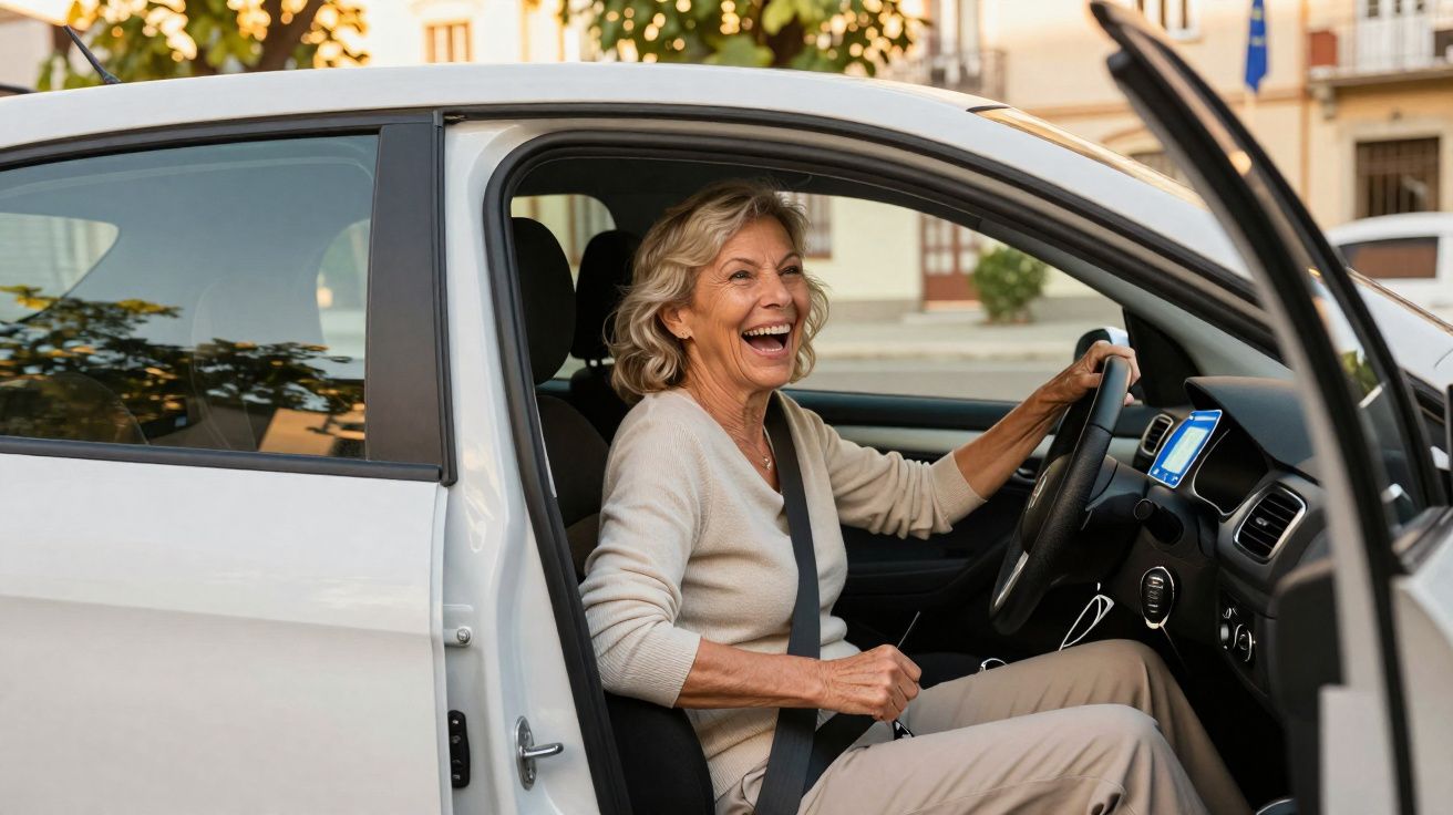 Mujer mayor sonriente sentada en el asiento del conductor de un coche blanco con la puerta abierta.