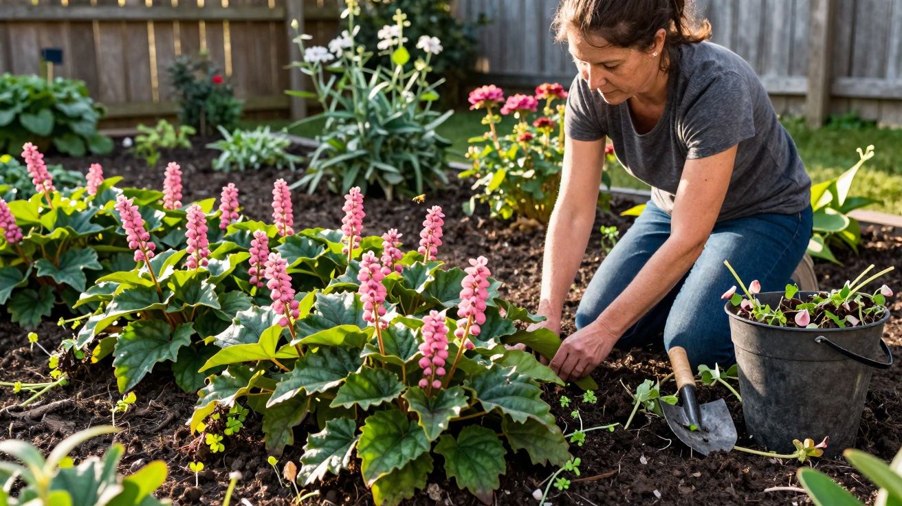 Mujer plantando flores en un jardín con suelo y plantas, rodeada de un cubo y una pala pequeña.