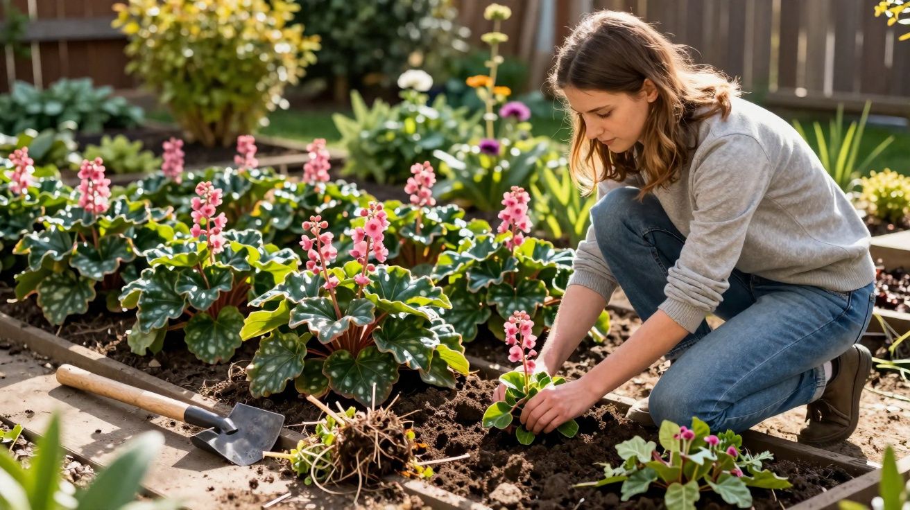 Mujer plantando flores rosas en huerto con pala, rodeada de vegetación y luz natural.