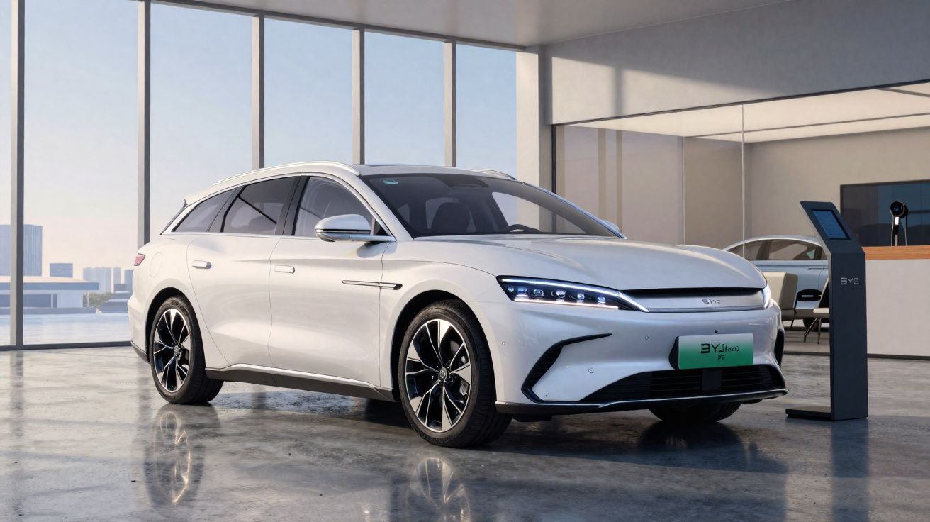 Coche eléctrico blanco estacionado en un showroom moderno con grandes ventanales y suelo reflectante.