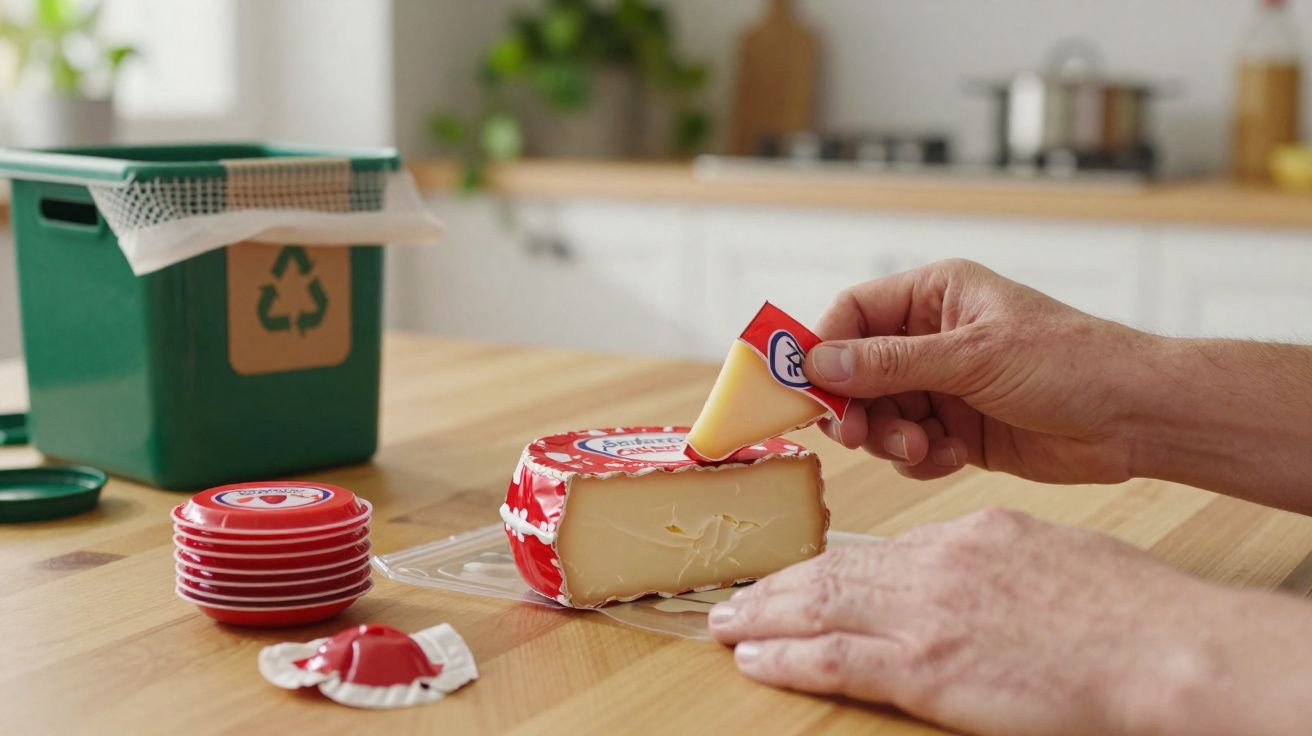 Manos sacando un trozo de queso en porciones individuales de un bloque en una cocina.