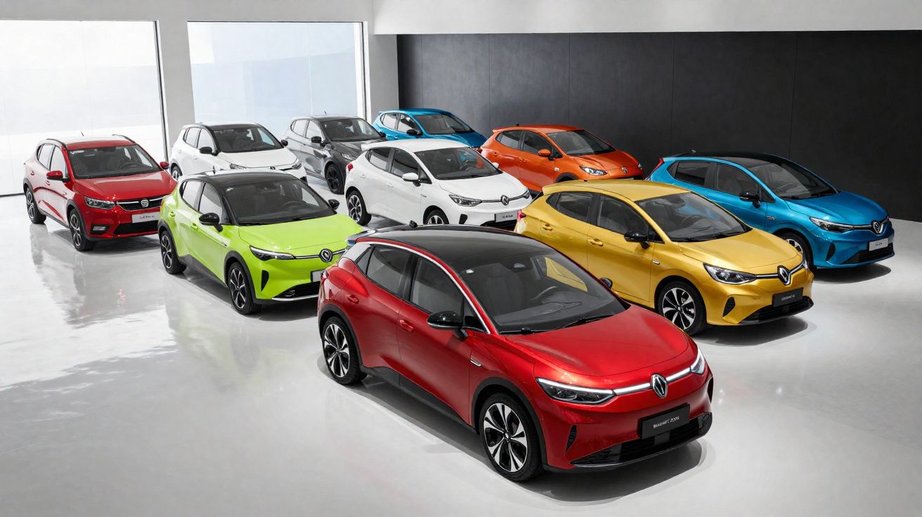 Nueve coches compactos de colores variados de la marca Renault en un espacio interior con suelo blanco brillante.