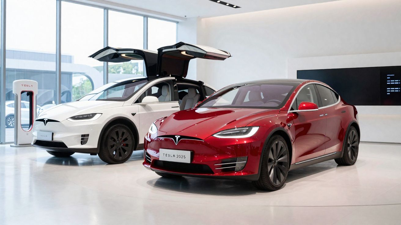 Dos coches Tesla en un concesionario, uno blanco con puertas abiertas y otro rojo modelo 2025.