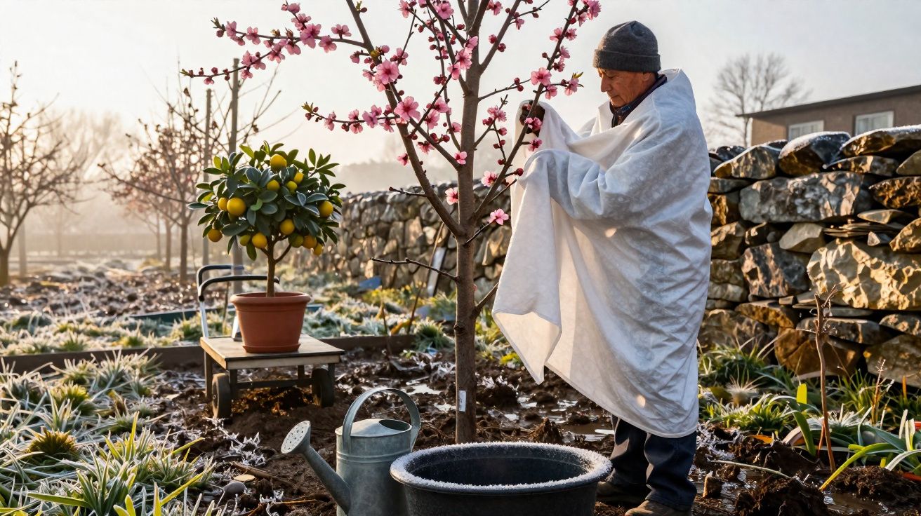 Hombre cubriendo un árbol con manta blanca para protegerlo del frío en un jardín al amanecer.