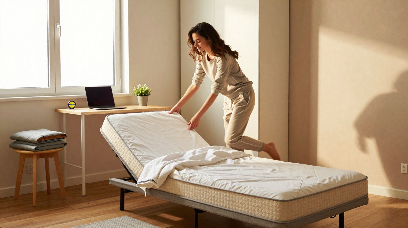 Mujer ajustando un colchón articulado en una habitación luminosa y moderna con escritorio y plantas.