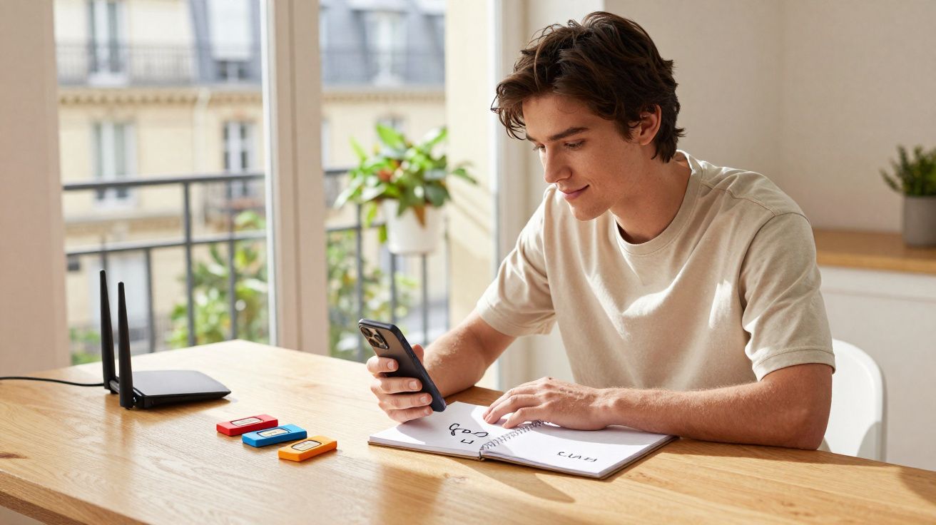 Joven sentado en una mesa, usando un móvil y tomando notas en una libreta en una habitación luminosa.