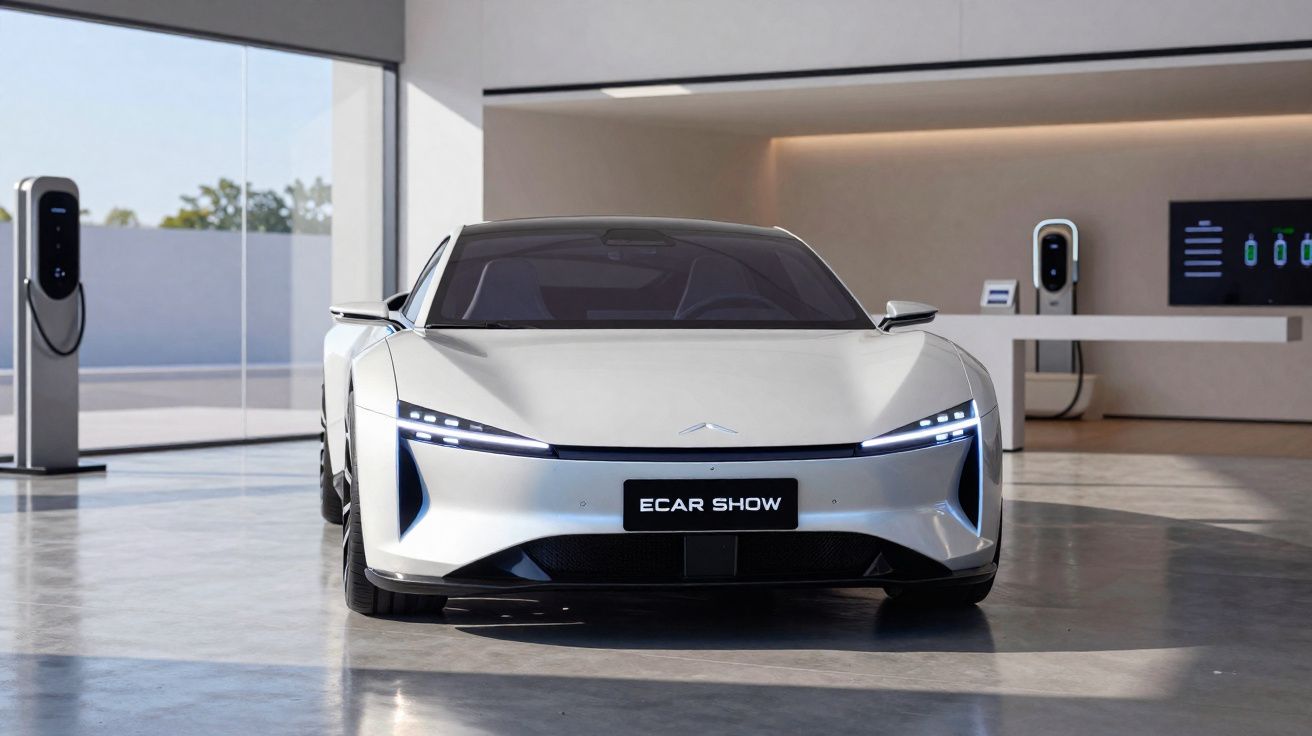 Coche eléctrico blanco de diseño futurista en exposición con estaciones de carga en el fondo.