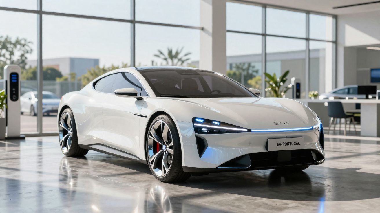 Coche eléctrico deportivo blanco en un concesionario moderno con luz natural y estaciones de carga.