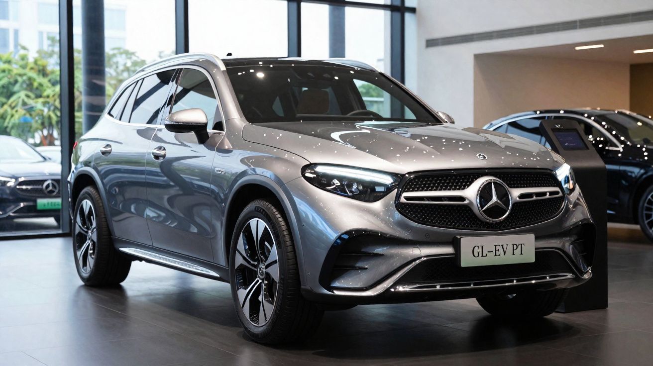 Mercedes-Benz SUV gris metalizado en exposición, con diseño moderno y faros LED, vista frontal derecha.