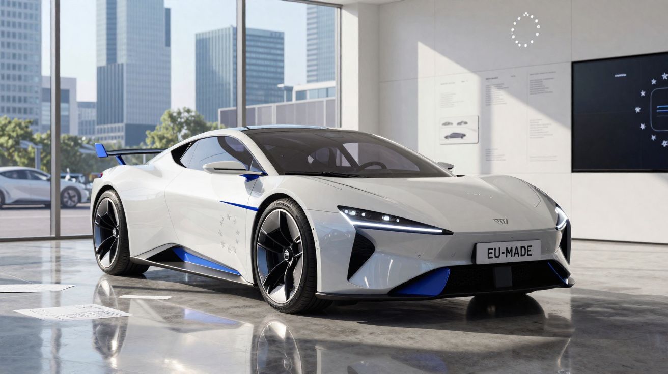 Coche deportivo eléctrico blanco con detalles azules en exposición en un salón con fondo urbano y ventanales grandes.