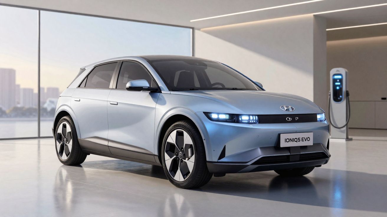 Coche eléctrico Hyundai IONIQ 5 EVO de color plata estacionado en garaje moderno con punto de carga.